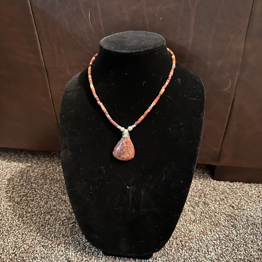 Hand Crafted “One of a Kind” Jasper, Shell $ Sterling Silver Pendant Necklace - Picture 1 of 3
